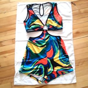 Retro Psychedelic pattern cut-out romper short Size M/L